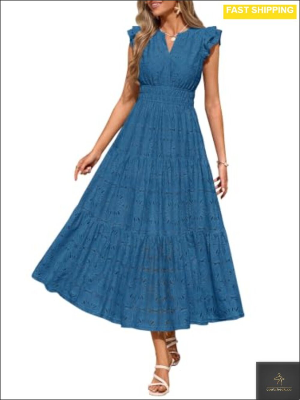 Eyelet Boho Flutter Sleeve V-Neck Tiered Maxi Dress